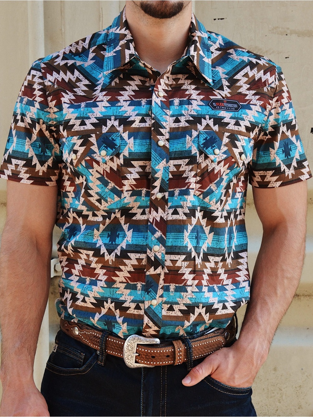 Rock & Roll Men’s Slim Fit Dale Brisby Aztec Rustic Taupe SS Snap Shirt Western